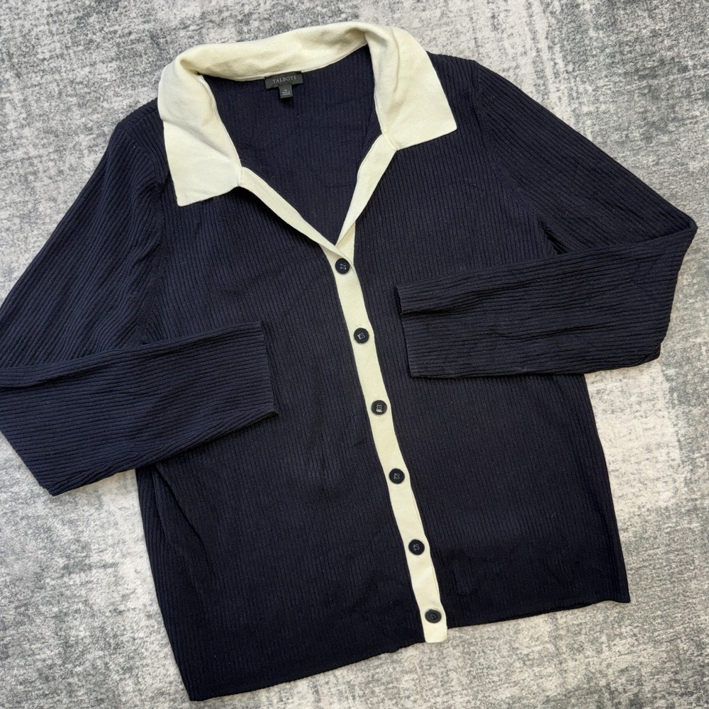 Talbots Sweater Womens XL Navy Collared Cardigan Ribbed Preppy Nautical Luxury